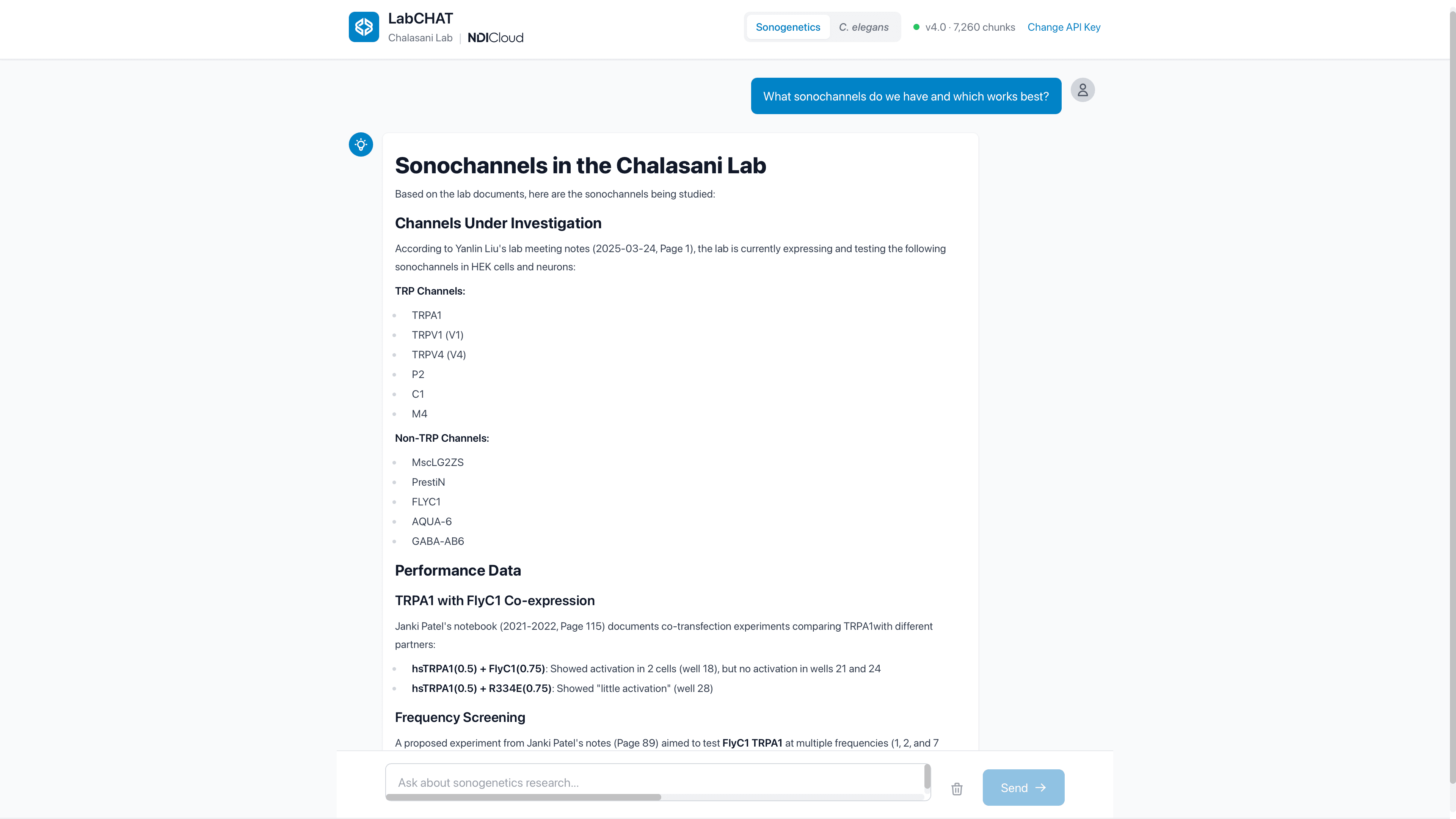 LabChat answering a Chalasani-lab question about sonochannels, with structured sections, performance data, and cited notebook sources