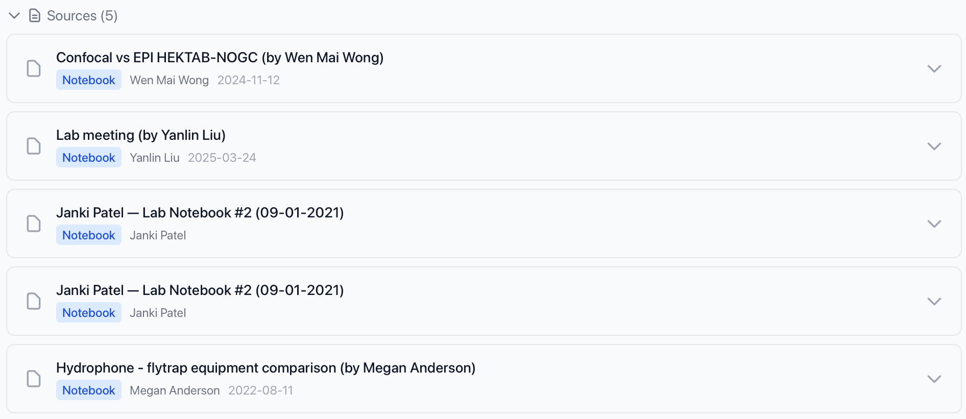 LabChat sources panel: five collapsible source cards (Confocal vs EPI HEKTAB-NOGC notebook by Wen Mai Wong, Lab meeting by Yanlin Liu, two Janki Patel lab notebooks, Hydrophone-flytrap equipment comparison by Megan Anderson) with notebook badges, authors, and dates